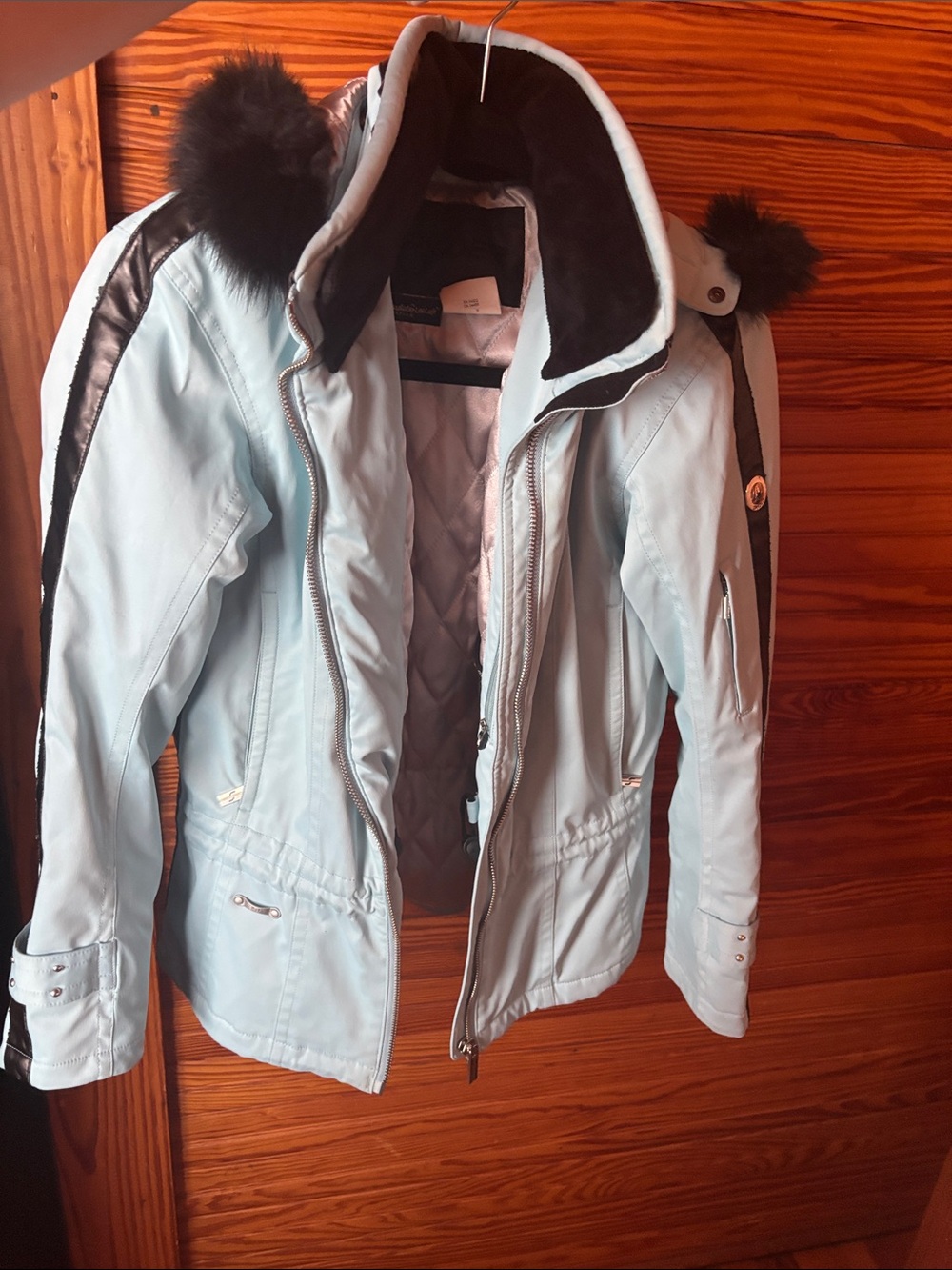 Spyder Light Blue Ski Jacket with Black Trim and Faux Fur